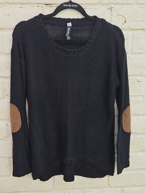 Lord & Taylor Black Crewneck Sweater with Brown Elbow Patches